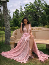 A-Line V-Neck Sweep Train Pink Lace Prom Dress with Split DMP10